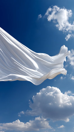 Bright, flowing white cloth billows against a vivid blue sky with fluffy white clouds. The fabric creates dynamic shapes, contrasting with the sky's vastness and cloudscape.の素材