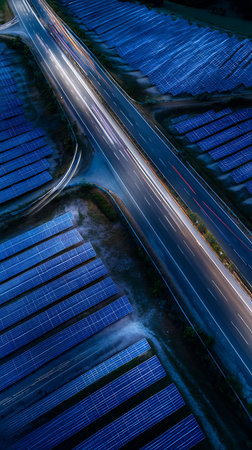 Aerial view showcases a highway with blurred vehicle light trails, running alongside rows of installed solar panels. Shot highlights energy, technology, and transportation synergy.の素材