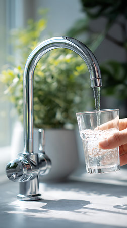 Clean, clear water fills a glass held by a hand under a polished chrome faucet. Bright, natural light and a blurred background of green foliage add freshness.の素材