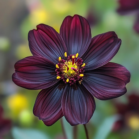 A close-up view captures the unique beauty of a dark burgundy flower. Its velvety petals contrast sharply with bright yellow stamen at its heart, creating a captivating floral portrait.の素材
