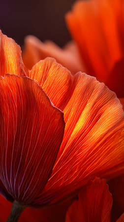 A detailed close-up unveils the translucent beauty of bright red poppy petals, their intricate veining illuminated by a gentle backlight. Elegant floral artistry is showcased here.の素材
