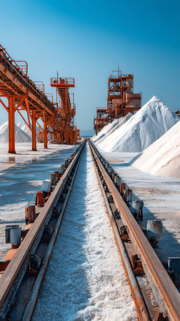 Detailed perspective captures an industrial salt mining site, showing large piles of processed salt, and orange conveyor systems under a clear blue sky, creating a unique textural image.の素材