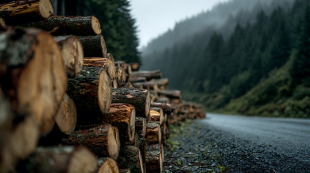 Moody photo of a large pile of cut lumber logs stacked by a roadside in a foggy forest. Wet logs show textures near an empty road with a pine forest in the misty background.の素材