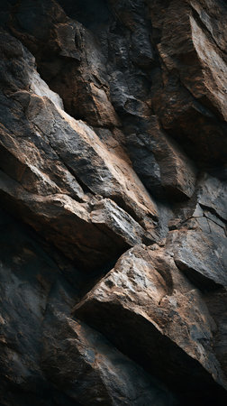 Detailed close-up reveals the weathered texture of a dark rock face. Diagonal formations create a rugged, natural pattern with visible age and erosion. Shades of brown, gray, and black dominate the rock.の素材