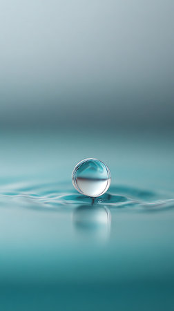 Macro image shows a water droplet impacting a turquoise water surface, creating ripples. The droplet has surface tension and reflects the surrounding light in a blurred way.の素材