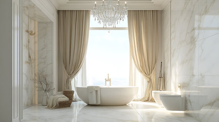 Elegant bathroom showcases marble tiling, a freestanding bathtub near large window with curtains and crystal chandelier. Fixtures include modern toilets and gold showerhead. Natural light enhances the luxurious feel.の素材