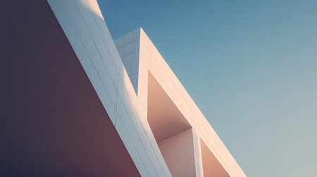 Minimalist architectural design featuring sharp angles, a white facade, and negative space contrasting against a clear blue sky. Captivating perspective for modern design inspiration.の素材