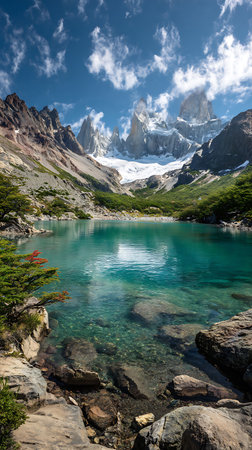 Fitz Roy mountain range towers over a clear turquoise lake in Patagonia, surrounded by rugged peaks, green vegetation, and rocky shores under a blue, cloudy sky.の素材
