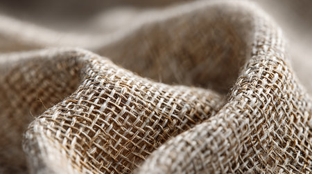 Extreme close-up reveals the detailed texture of a draped burlap fabric. Individual fibers interweave, forming a complex pattern with visible light and shadow across the surface.の素材
