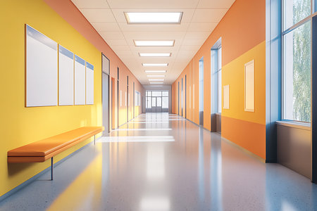 An eye-level perspective shows a brightly lit corridor with yellow and orange walls, leading to doors and windows, and featuring informational boards and a bench.の素材