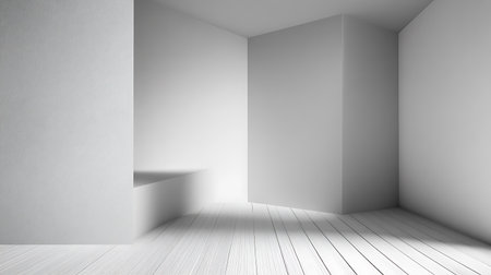 A clean architectural image showcases a stark white room interior. The minimalist design is complemented by a light wooden floor. Soft lighting emphasizes the stark shadows.の素材