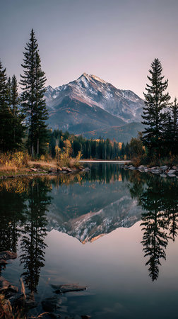 Serene image showing a snow-capped mountain mirroring perfectly on the lake's surface. Tall evergreen trees stand along the shore, adding to the tranquil beauty of the nature scene.の素材