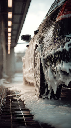 Low angle close-up shows a dark-colored car being washed in an automated carwash. White soap foam clings to the vehicle, covering its wheel and body, running down a metal grate.の素材