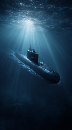 Image shows a modern dark-colored submarine, cutting through the dark ocean, partially submerged. Sun rays filter through the water's surface creating ethereal illumination.の素材