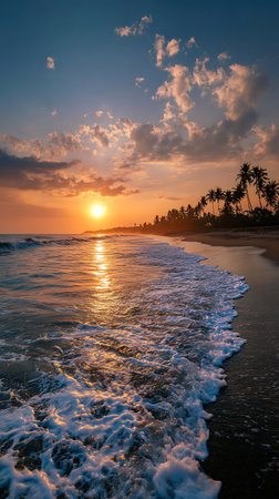Vivid tropical beach sunset featuring breaking waves and palm trees silhouetted against a vibrant orange and blue sky. Sunlight reflects on the ocean's surface.の素材