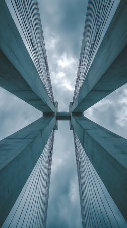 A dramatic low-angle shot captures the converging lines of a modern cable-stayed bridge under a gloomy, overcast sky. The concrete structure and cables form a unique architectural shape.の素材