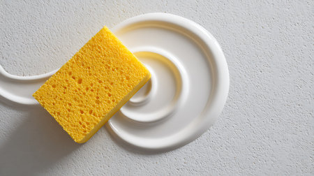 Overhead, a porous yellow cleaning sponge contrasts against swirling white liquid on a textured light background, casting soft shadows. Sharp focus and clear lighting are present.の素材