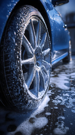 Close-up of a blue car's multi-spoke wheel being washed with soapy water. The tire and wheel are coated in suds, reflecting light, with soapy water on the ground below.の素材