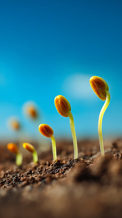 This close-up shows tiny yellow seedlings pushing through the dark soil under a bright blue sky. Depicts the initial stages of plant growth, symbolizing new beginnings.の素材