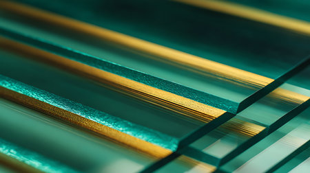 Macro shot of a stack of glass sheets displaying teal and gold colors, reflecting light. The close-up perspective highlights texture and layered composition. Abstract, modern, clean design.の素材