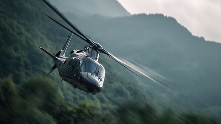 Mid-shot of a black helicopter with motion-blurred rotor blades, soaring across lush green mountainous terrain on a cloudy day, showcasing its sleek design and aerial prowess.の素材