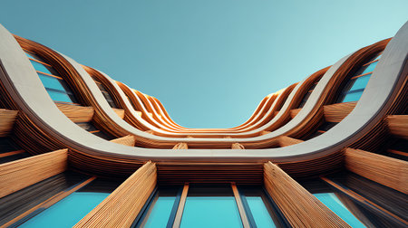 Upward angle capturing an artfully crafted building with stacked curves, punctuated by vibrant blue windows against clear sky creating visually engaging architectural perspective.の素材