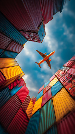 Low-angle view shows an orange airplane flying over colorful stacked cargo shipping containers against a blue cloudy sky. Containers are arranged in a vertical formation.の素材