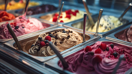 A tempting display of gelato showcases assorted flavors, including vibrant berry and rich chocolate options. Each container features fresh toppings, emphasizing the dessert's premium quality and visual appeal.の素材