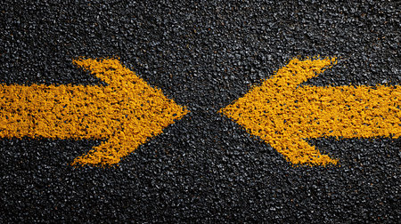 Close-up showcasing textured asphalt with vibrant yellow arrows facing each other, creating a strong focal point on the road surface. Dark asphalt provides striking contrast.の素材