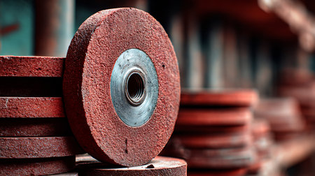 Close-up shows stacked, unused red abrasive wheels. Metallic center of the top wheel. Blurry background. Ideal for industrial, construction, or DIY project supply visuals.の素材