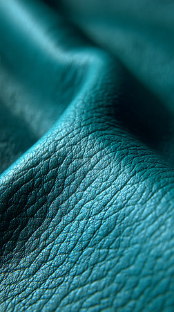 Macro photograph captures the detailed texture of teal blue leather, showcasing the natural grain and folds in the soft material. The focus highlights the surface patterns.の素材