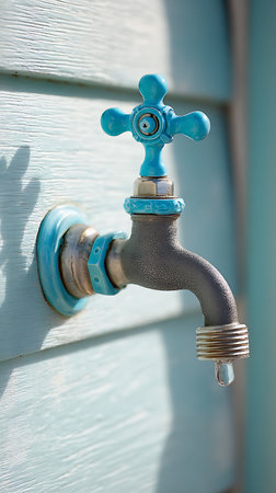 Close-up shot of a partially tarnished turquoise spigot mounted on blue wooden siding. A single water droplet hangs from the tap. Focus is on the tap and droplet.の素材