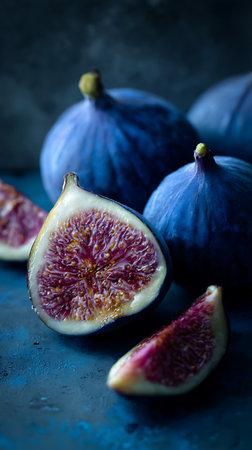 High-angle studio shot shows sliced figs, their juicy interiors prominently displayed, against a dark blue textured backdrop, highlighting the fruit's rich colors.の素材