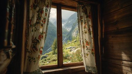 Cozy view from a rustic wooden cabin window revealing a beautiful lush green mountain landscape with floral-patterned curtains on each side, letting sunlight stream inside.の素材