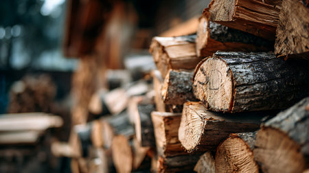 Close-up of a neatly stacked pile of cut firewood logs. The wood appears wet, adding texture and depth. Soft background ensures focus remains on the firewood.の素材