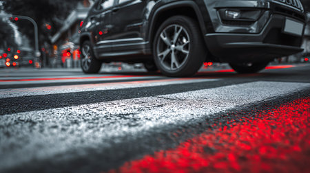 Urban photography showcasing a black SUV traversing a crosswalk with prominent red traffic lights in the background, creating an eye-catching contrast of colors.の素材