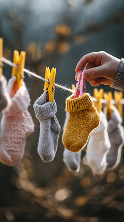 Close-up captures tiny baby socks hanging outdoors on a clothesline with colorful clothespins. A hand adds a pink clothespin to a yellow sock in the scene.の素材