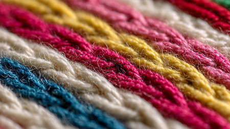 Macro photograph displays braided yarn, textured and tightly woven. Colors include blue, cream, pink, yellow, red, and green. Fibers show natural imperfections in bright, cheerful detail.の素材