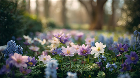 Field of colorful anemone flowers and blue hyacinths bloom in a peaceful garden. Sunlight filters through the trees, creating a serene, bokeh filled springtime scene.の素材