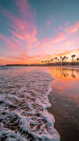 Carlsbad State Beach, California, showcases a vibrant sunset with pink clouds reflected in the wet sand. Palm trees line the shore under the colorful sky at dusk.の素材