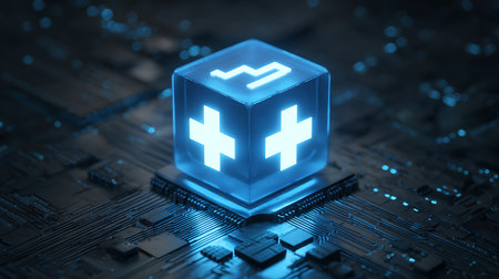 A vibrant, glowing cube rests on a complex circuit board with a blue hue. The cube displays glowing plus symbols on its sides with other geometric shapes.の素材