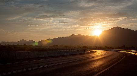 Golden sunset light reflecting on a curving highway, silhouetted mountains in the background, and the sky filled with soft, textured clouds at dusk, creating scenic driving view.の素材