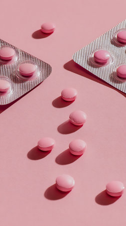 Close-up shows pink pills, some loose and some still in their aluminum blister packs. Cast shadows indicate bright, directional lighting on the solid pink surface.の素材