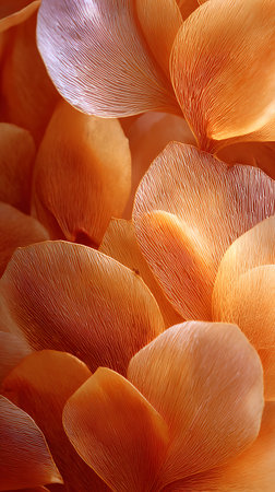 Macro shot showcasing a captivating arrangement of translucent orange petals. Delicate, fine lines traverse the petals, enhancing their intricate texture and beauty in this detailed close-up.の素材