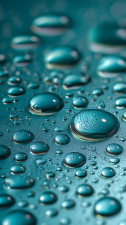 Macro photograph showcasing numerous teal water droplets on a textured surface, rendered in sharp focus. Captures the interplay of light and shadow within each bead.の素材