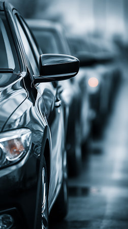 Close-up photo of a dark modern car showcasing the mirror and the front part with headlight detail. The car is parked in a row with other vehicles.の素材