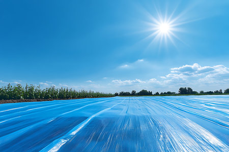 Low angle depicts a field covered in shiny blue plastic mulch under a clear sky with the sun shining brightly; distant green plants and trees form a horizon line.の素材