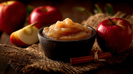 Rustic still life featuring a black bowl filled with applesauce, complemented by whole red apples, a slice, and cinnamon sticks tied with string, on a jute placemat.の素材
