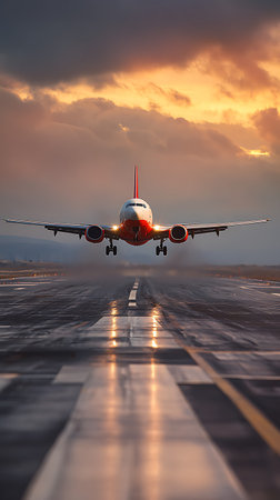 Airplane, painted in red and white, touches down on a wet runway, reflecting sunlight. Dramatic sky and cloudy sunset in the background completes the view.の素材