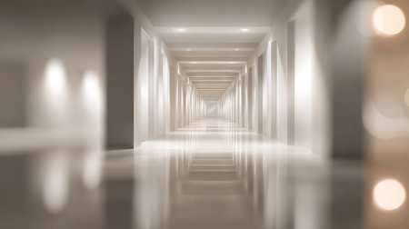 Image shows a long, bright hallway with repeating white pillars. The perspective draws the eye towards a distant light source. Reflective flooring and soft lighting add depth.の素材